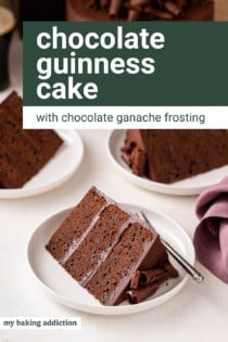 Three white plates, each holding a slice of chocolate guinness cake, with the rest of the cake in the background. Text overlay includes recipe name.