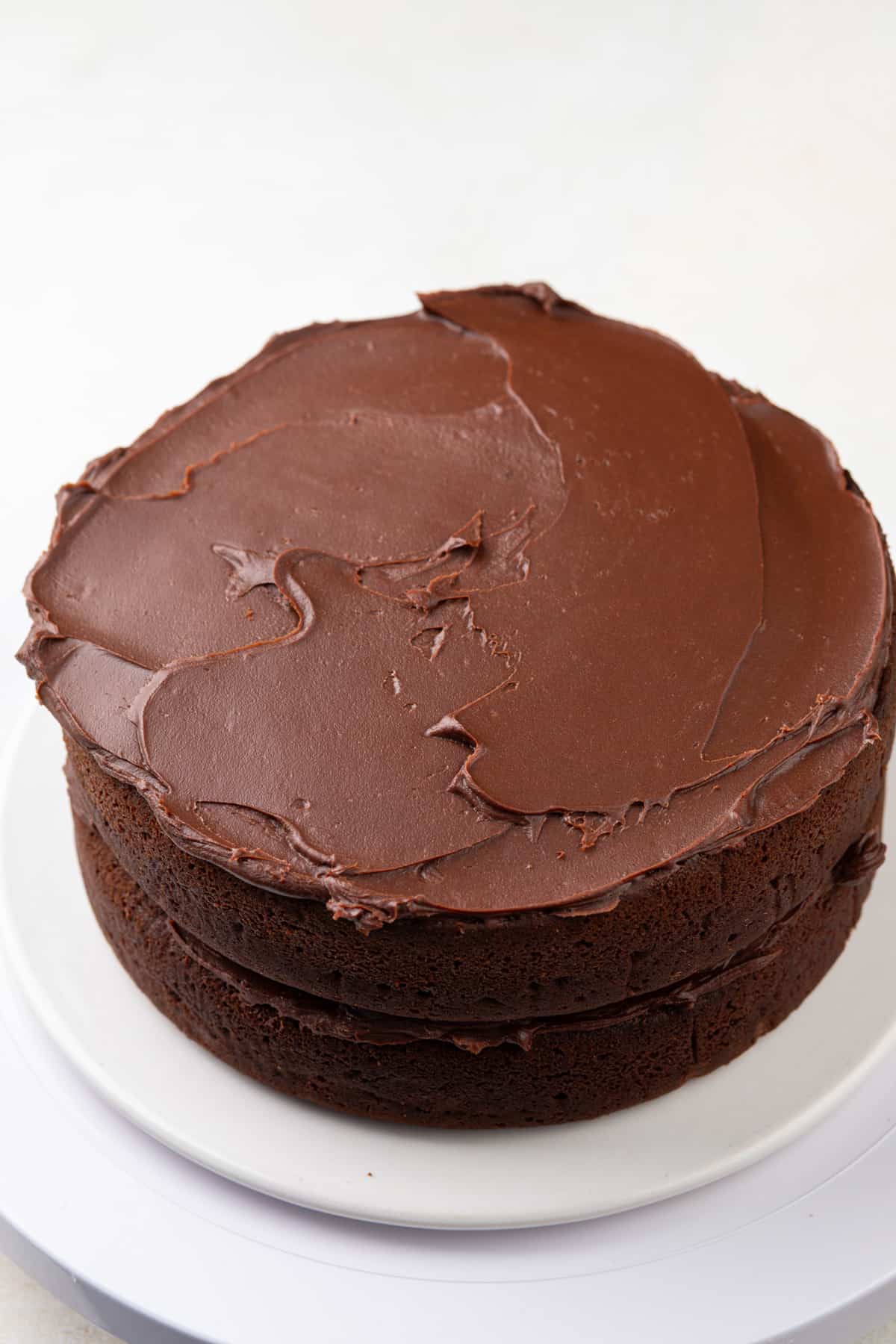 two layers of chocolate guinness cake stacked on a cake plate and topped with chocolate ganache frosting.
