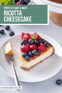 Fork taking a bite from a slice of ricotta cheesecake on a white plate. Text overlay includes recipe name.