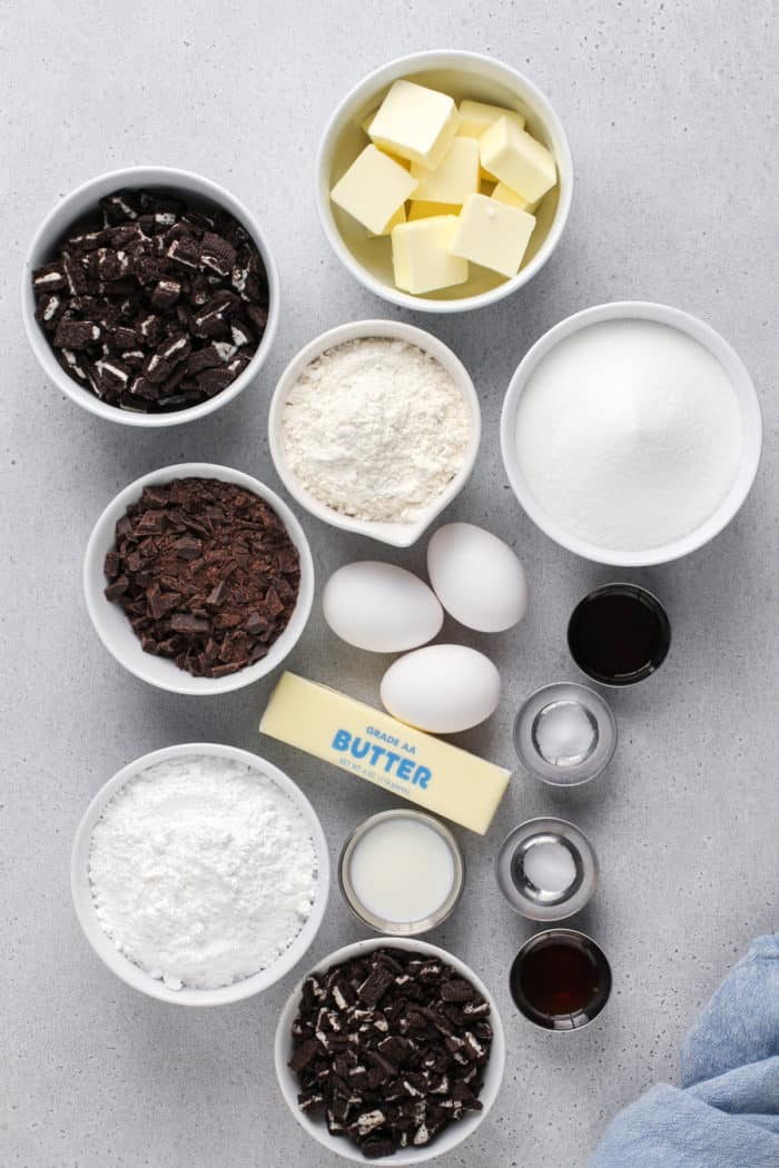 Oreo brownie ingredients arranged on a gray countertop.