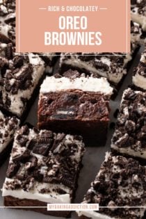 Close up of sliced oreo brownies topped with vanilla frosting and chopped oreo pieces. Text overlay includes recipe name.