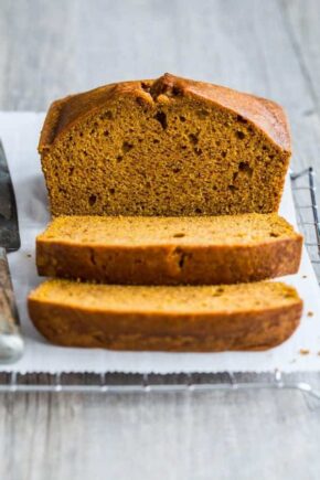 Pumpkin Bread is loaded with warm spices and full of delicious pumpkin flavor. Moist, flavorful and perfect for fall!