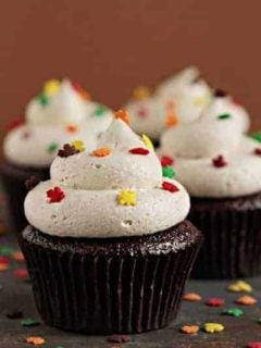 Pumpkin ale cupcakes with multicolored leaf shaped sprinkles