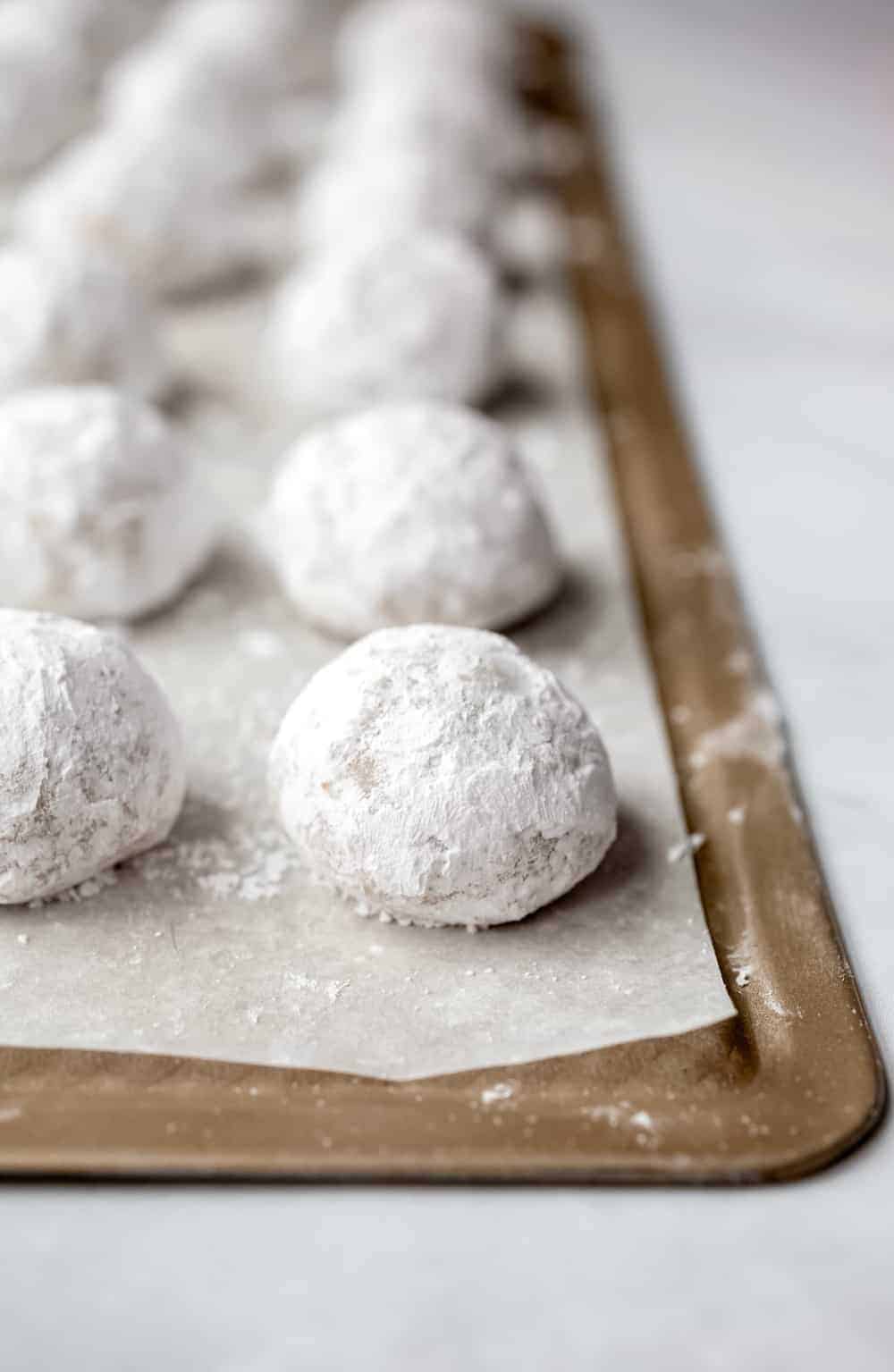 Close up of snowball cookies rolled in powdered sugar lined up on parchment paper