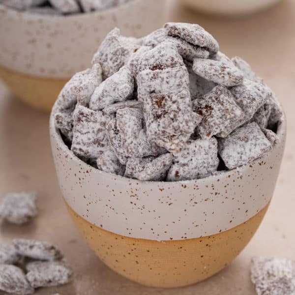 Puppy chow in a small pottery bowl.