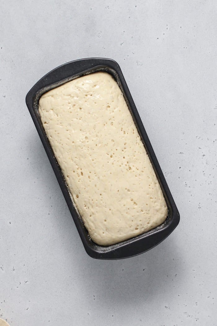 Risen loaf of English Muffin Bread in a loaf pan, ready to bake