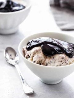Bowl of ice cream topped with homemade hot fudge sauce