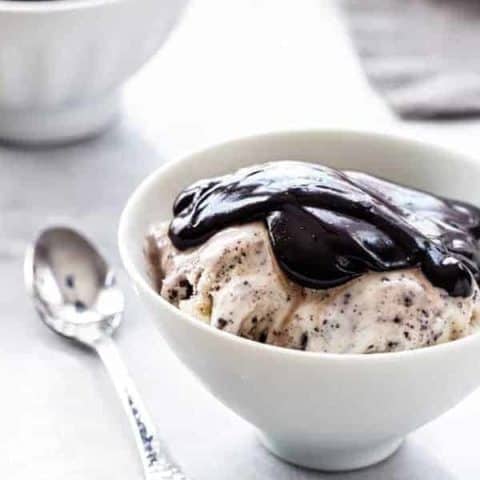 Bowl of ice cream topped with homemade hot fudge sauce
