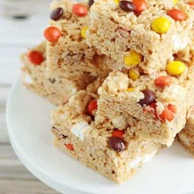 Peanut Butter Rice Krispie Treats with Reese's Pieces