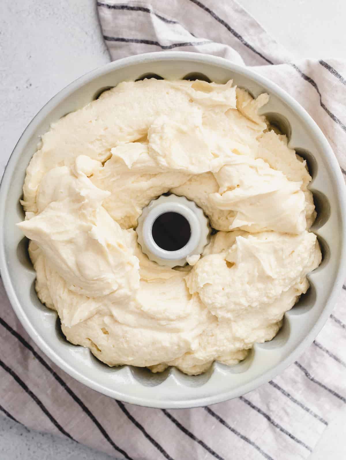 Batter for 7up pound cake in a bundt cake pan