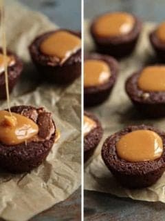Milky Way brownie bites getting caramel drizzled on top next to a spoon on parchment paper