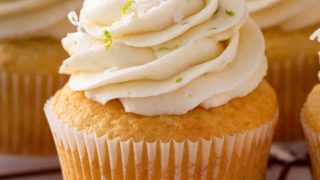 Close up of frosted coconut cupcake.