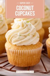 Several coconut cupcakes arranged on a white platter. Text overlay includes recipe name.