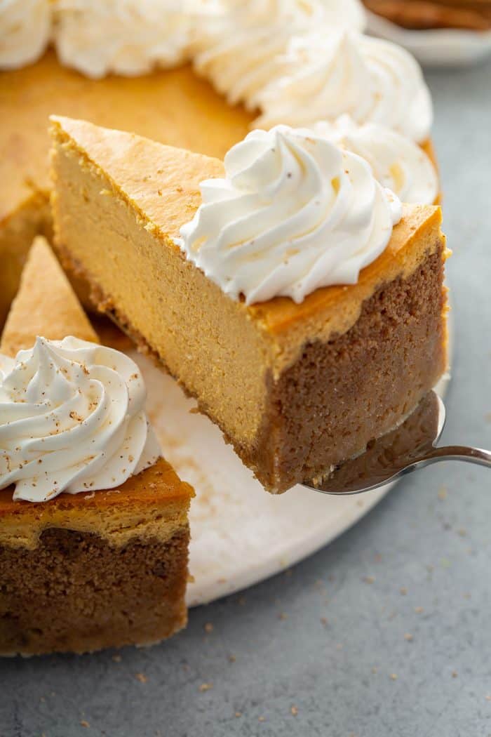 Cake server lifting up a slice of pumpkin cheesecake