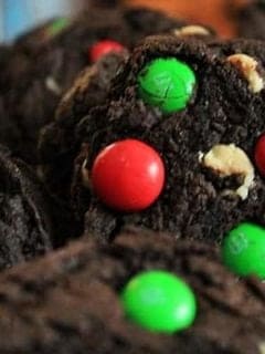 Close up of dark chocolate peppermint and m&m cookies