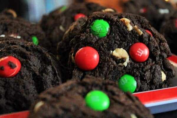 Close up of dark chocolate peppermint and m&m cookies