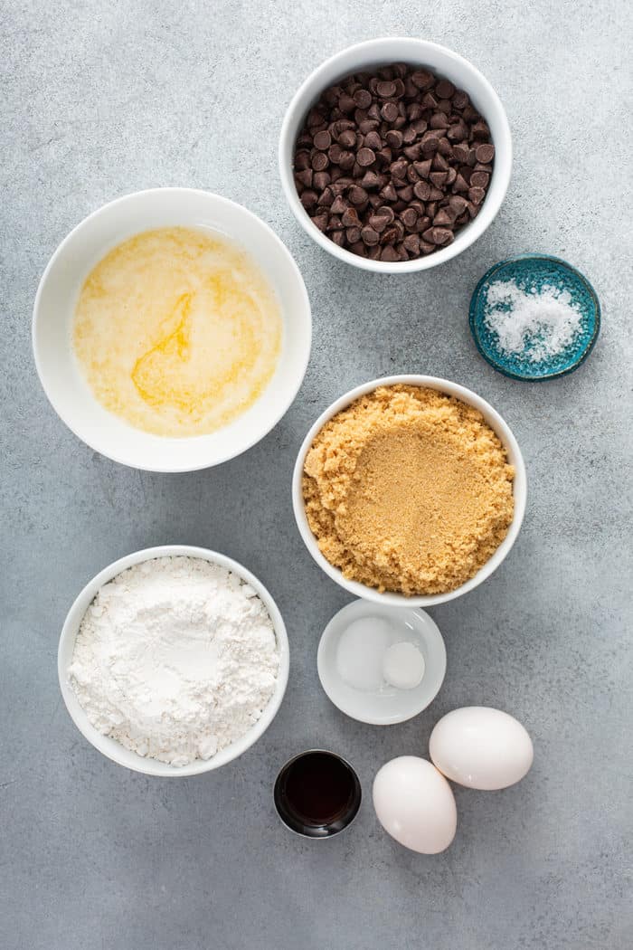 Chocolate Chip Blondies ingredients arranged on a gray countertop