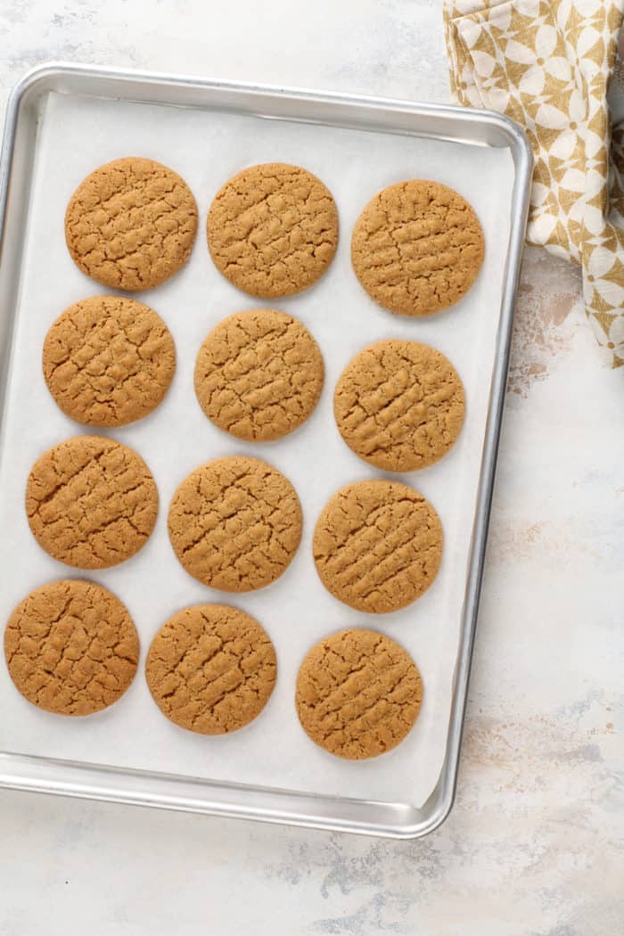 Baked honey peanut butter cookies on a parchment-lined baking sheet.