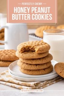 5 peanut butter cookies stacked on a white plate. A bite has been taken from the top cookie. Text overlay includes recipe name.