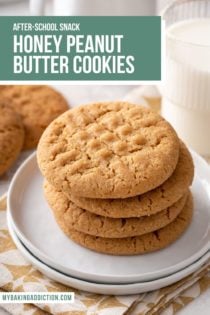 4 peanut butter cookies stacked on a white plate that is set next to a glass of milk. Text overlay includes recipe name.