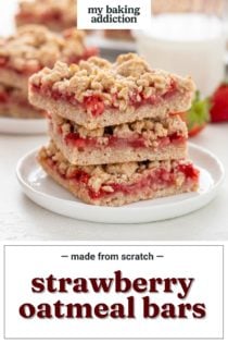 Three strawberry oatmeal bars stacked on a white plate with a glass of milk in the background. Text overlay includes recipe name.