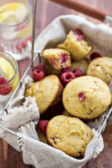Basket of raspberry cornmeal muffins