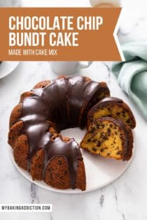 Sliced chocolate chip bundt cake set on a white cake plate. A cup of coffee is visible in the background. Text overlay includes recipe name.