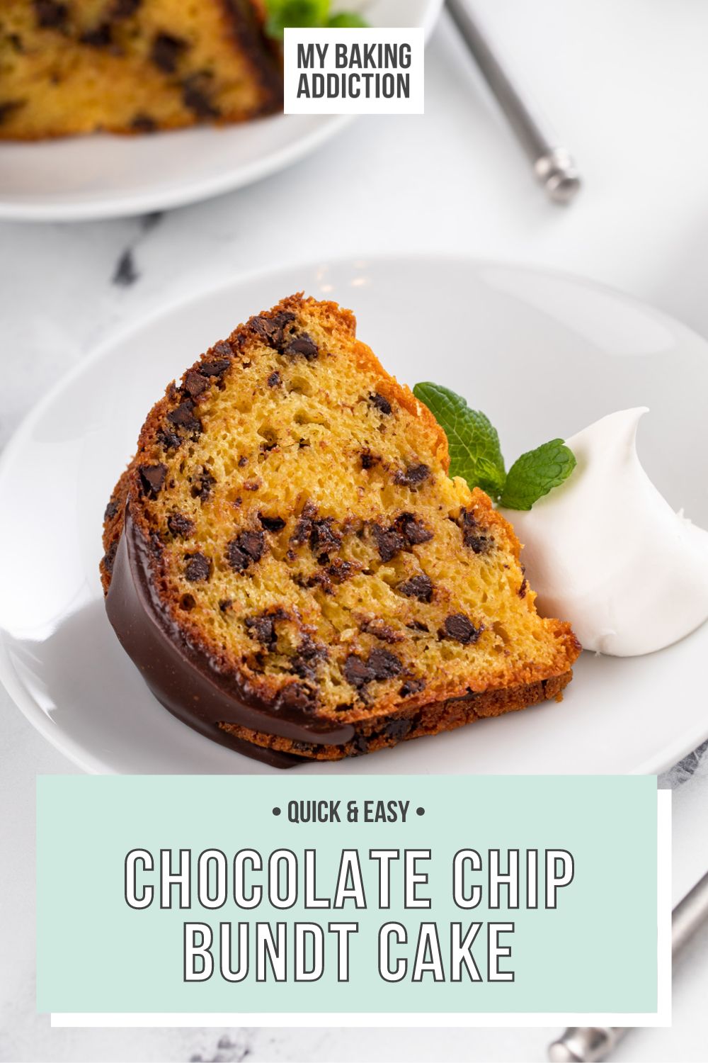 Slice of chocolate chip bundt cake next to a dollop of whipped cream on a white plate. Text overlay includes recipe name.