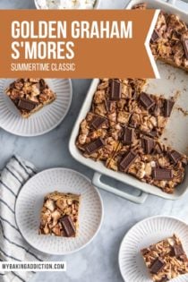 Overhead view of a pan of golden graham s'mores surrounded by plates of the s'mores bars. Text overlay includes recipe name.