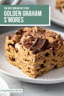 Close up of a sliced golden graham s'more on a white plate. text overlay includes recipe name.