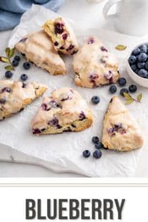 Glazed blueberry scones arranged on a piece of parchment paper. Text overlay includes recipe name.