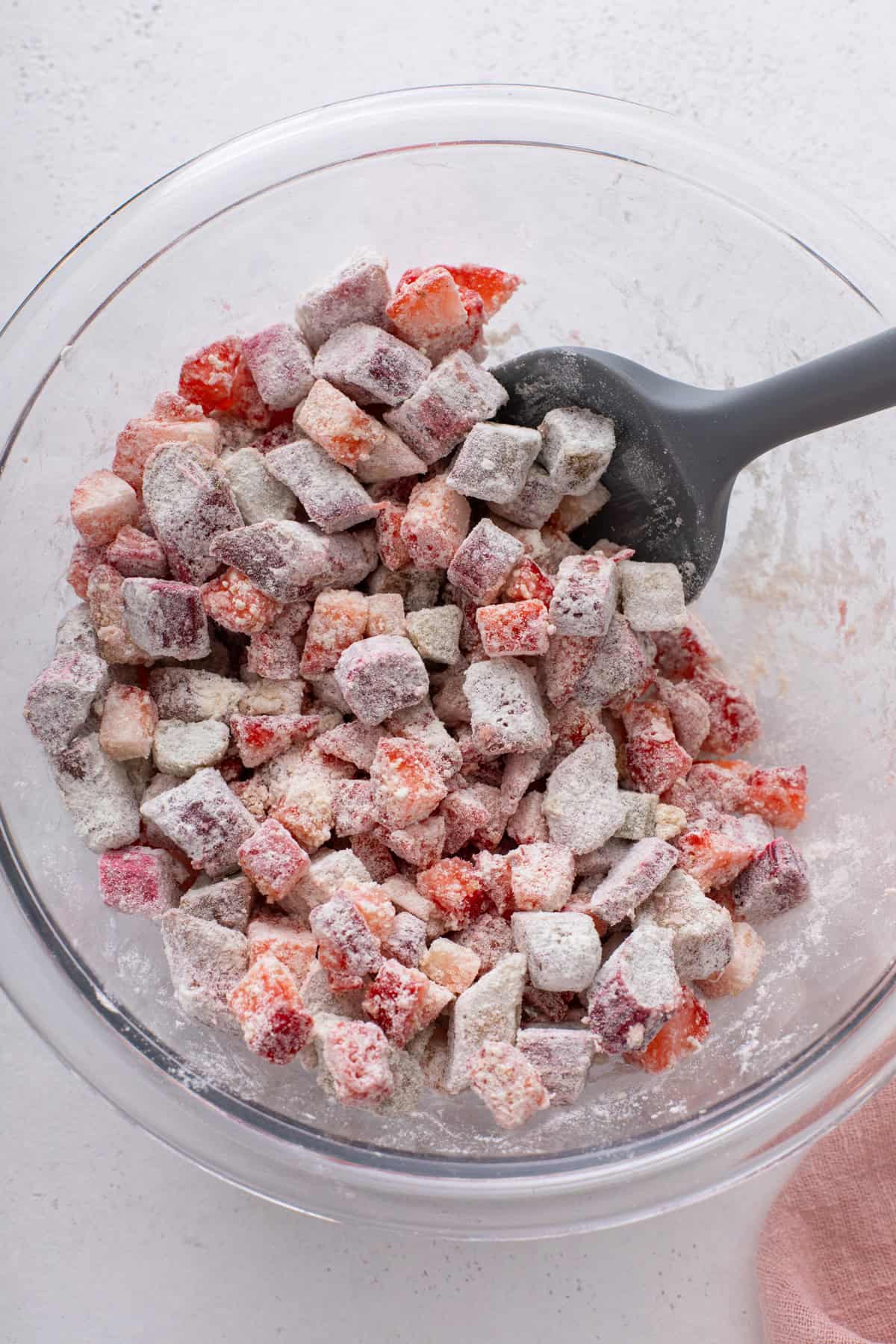 Strawberries and rhubarb combined for a cake.