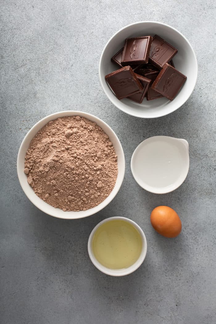 Ingredients for the easiest salted caramel brownies on a gray countertop