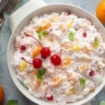 Overhead view of ambrosia salad in a serving dish