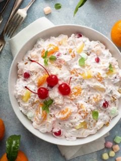 Overhead view of ambrosia salad in a serving dish