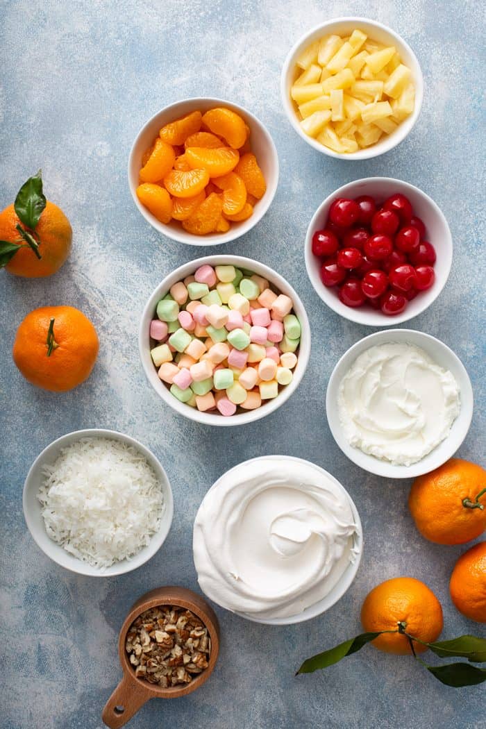 Ingredients for ambrosia arranged on a countertop