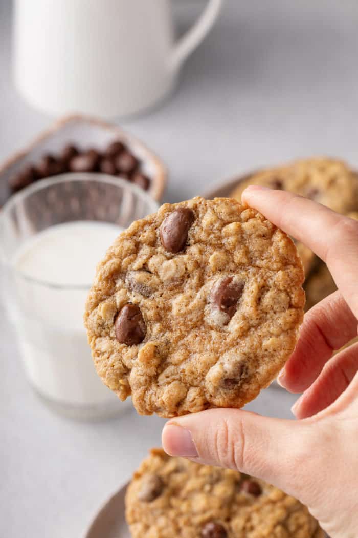 Hand holding up an oatmeal raisin cookie made with raisinets.