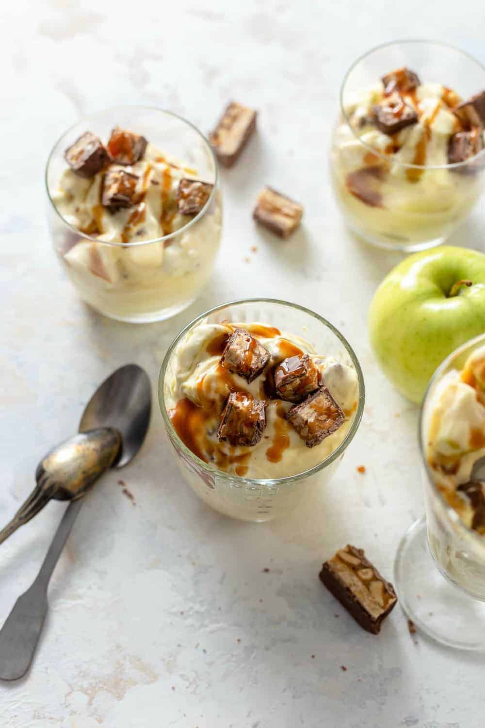 Servings of caramel apple salad with Snickers and apples