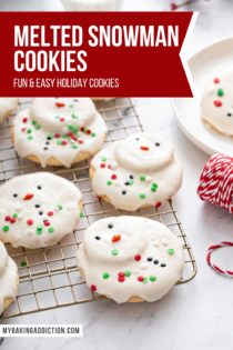 Decorated melted snowman cookies on a wire rack. Text overlay includes recipe name.