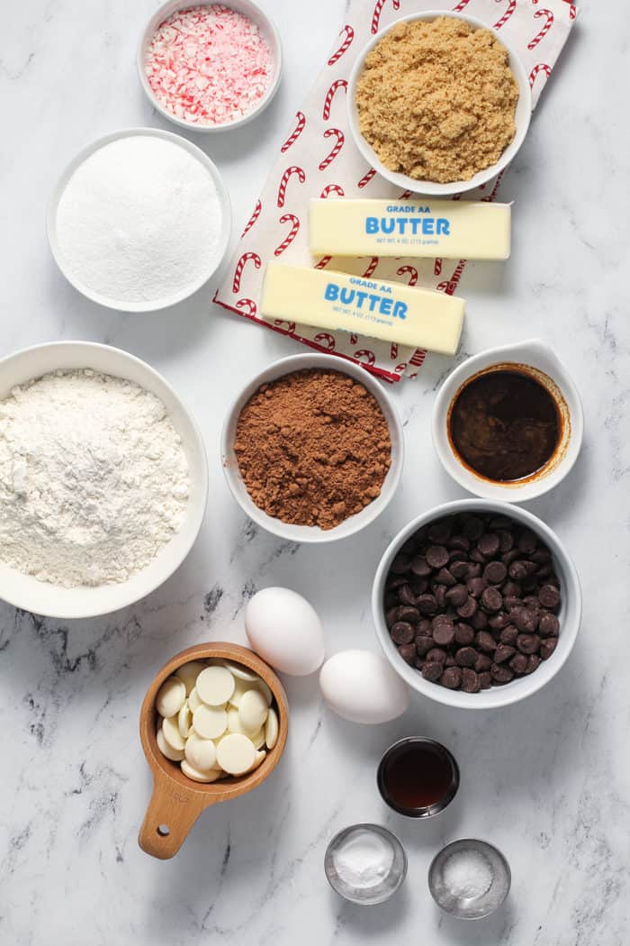 Peppermint Mocha Cookie ingredients arranged on a marble countertop