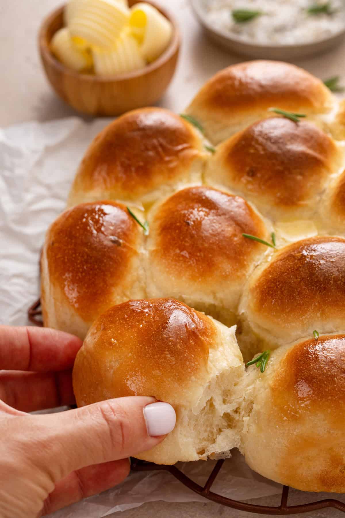Person taking a roll from baked brown and serve rolls.