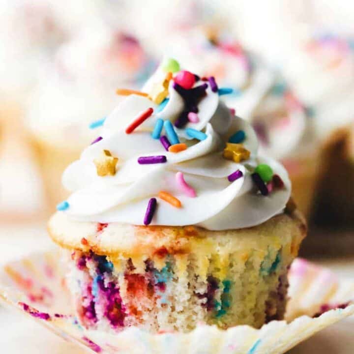 Frosted and unwrapped funetti cupcake