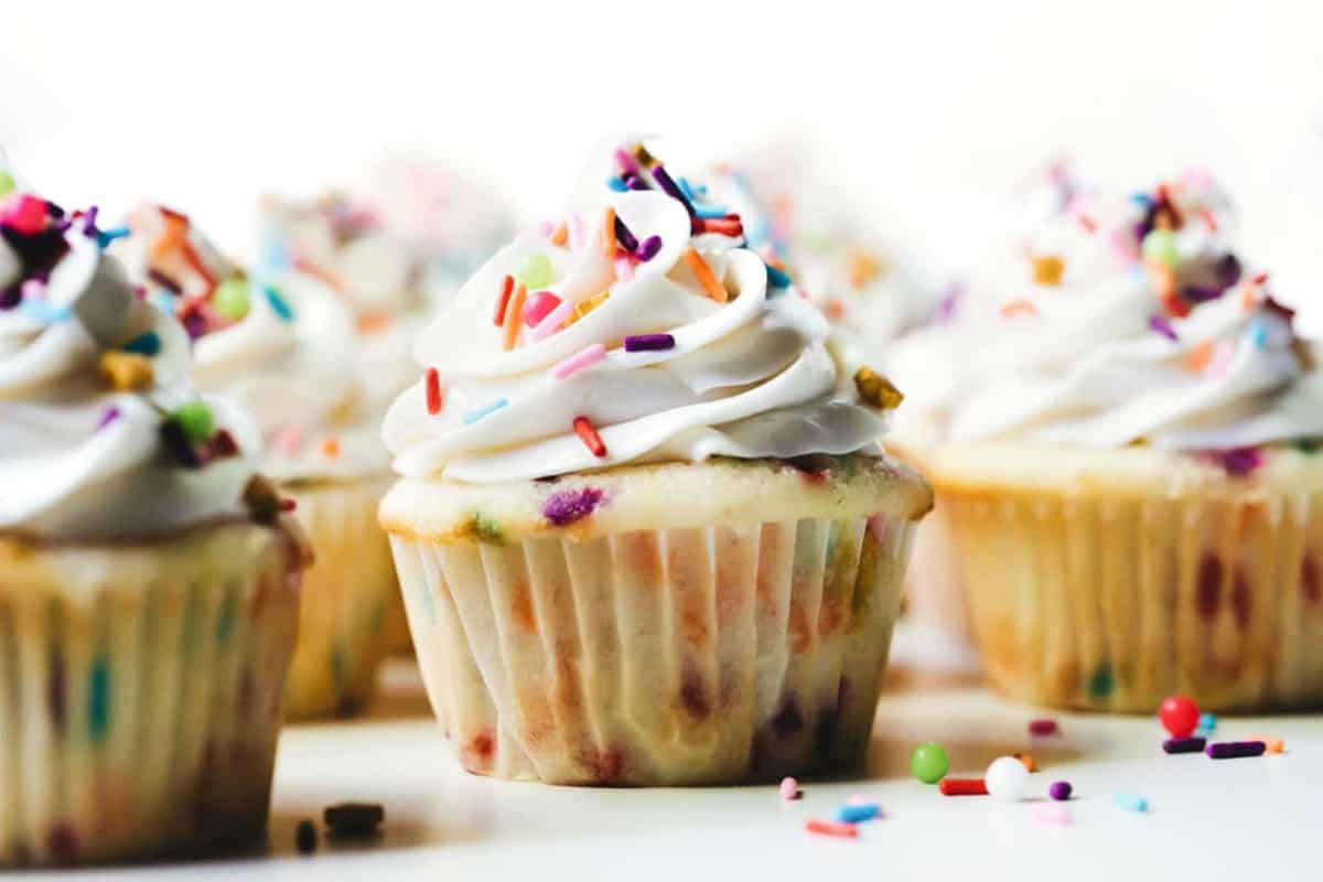 Baked and decorated funfetti cupcakes