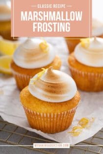 Several cupcakes topped with toasted marshmallow frosting. Text overlay includes recipe name.