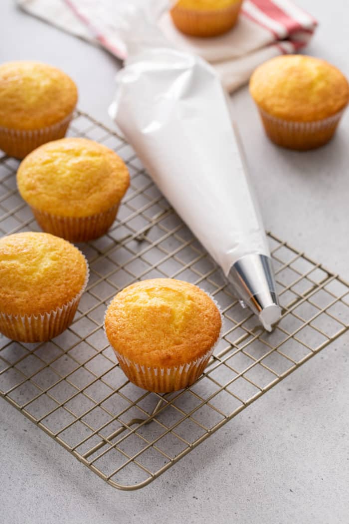 Piping bag filled with marshmallow frosting next to several unfrosted vanilla cupcakes.