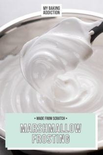 Spatula holding up a big dollop of marshmallow frosting over a bowl of the frosting. Text overlay includes recipe name.