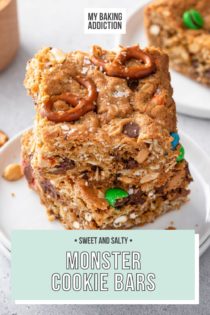 Three monster cookie bars stacked on a white plate. Text overlay includes recipe name.