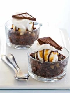 Ghiradelli Stuffed Brownies topped with vanilla bean ice cream and chocolate sauce.