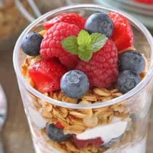 Delicious gluten-free granola pairs perfectly with fresh berries and Greek yogurt to create simple breakfast.