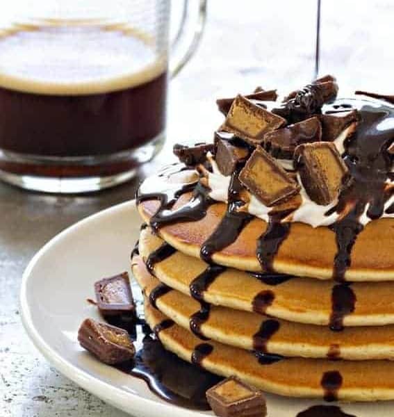 Peanut Butter Cup Pancakes will give you an indulgent treat for your weekend brunch. Or evening dessert!
